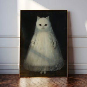 May include: A white cat wearing a white dress and veil, with red eyes, against a dark background. The image is titled "Uncanny Gardens".