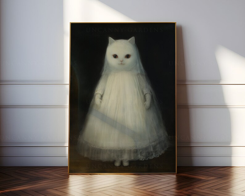 May include: A white cat wearing a white dress and veil, with red eyes, against a dark background. The image is titled "Uncanny Gardens".