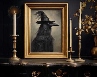 Raven Wizard, Gothic Wall Decor, Halloween Art Print, Raven Witch Decor, Vintage Halloween Home Decor, Dark Cottagecore, Forestcore Art 235