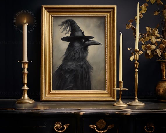 Raven Wizard, Gothic Wall Decor, Halloween Art Print, Raven Witch Decor, Vintage Halloween Home Decor, Dark Cottagecore, Forestcore Art 235