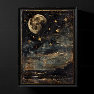 May include: A framed painting of a dark blue night sky with a large, full moon and gold stars. The moon is in the upper left corner of the painting, and the stars are scattered across the sky. The sky is painted with a textured, brushstroke effect, and the moon has a slightly rough surface. The painting is framed in a black frame with a gold trim.