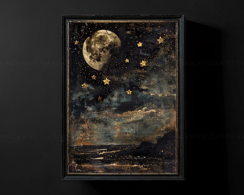 May include: A framed painting of a dark blue night sky with a large, full moon and gold stars. The moon is in the upper left corner of the painting, and the stars are scattered across the sky. The sky is painted with a textured, brushstroke effect, and the moon has a slightly rough surface. The painting is framed in a black frame with a gold trim.