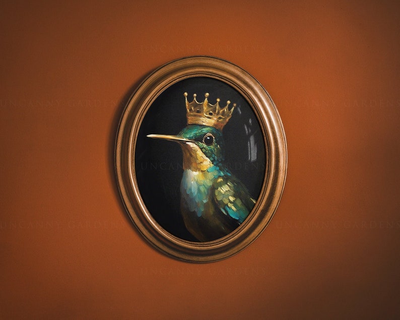 May include: A framed painting of a hummingbird wearing a gold crown. The hummingbird is green, blue, and brown with a long beak. The background is black.