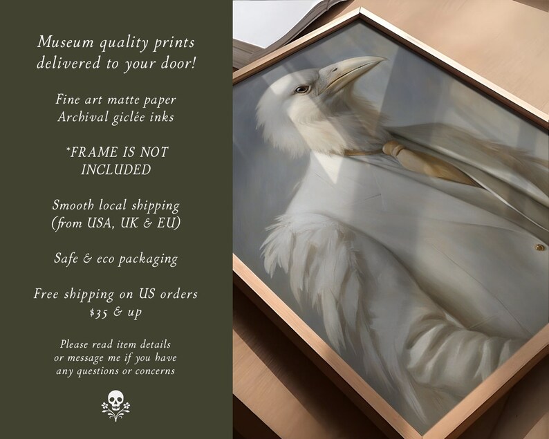 K&ouml;nnte beinhalten: Ein gerahmter Druck eines wei&szlig;en Vogels, der einen Anzug und eine Krawatte tr&auml;gt. Der Druck ist auf feinem mattem Papier mit archivalischen Gicl&eacute;e-Tinten. Der Text "FRAME IS NOT INCLUDED" ist auf dem Bild sichtbar.