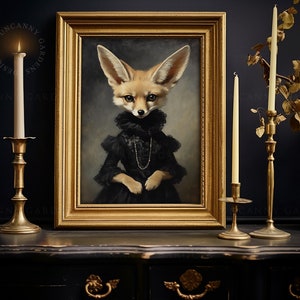 May include: A framed painting of a fennec fox dressed in a black dress with a pearl necklace. The fox is looking directly at the viewer with a serious expression. The painting is set against a dark background with two gold candlesticks and candles on either side.