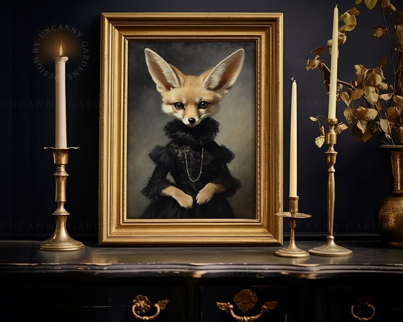 May include: A framed painting of a fennec fox dressed in a black dress with a pearl necklace. The fox is looking directly at the viewer with a serious expression. The painting is set against a dark background with two gold candlesticks and candles on either side.