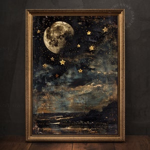 Vintage Landscape Art Print, Dark Cottagecore Decor, Moody Wall Art, Vintage Oil Painting, Living Room Decor, Antique Celestial Moon Art C3