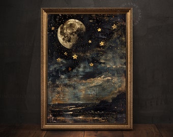 Vintage Landscape Art Print, Dark Cottagecore Decor, Moody Wall Art, Vintage Oil Painting, Living Room Decor, Antique Celestial Moon Art C3