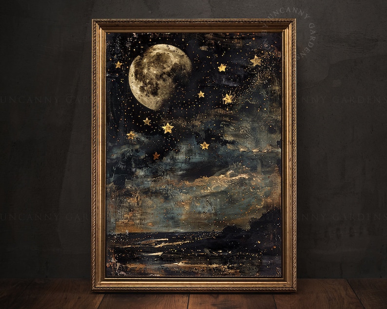 May include: A framed painting of a moon and stars in a dark blue sky with gold accents. The moon is full and bright, and the stars are scattered across the sky. The painting has a textured, abstract look.