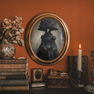 May include: An oval framed portrait of a figure in a black dress and hat with a bird-like mask. The portrait is surrounded by antique books, candles, and a decorative vase with dried flowers. The scene is set against a warm, orange-toned wall.