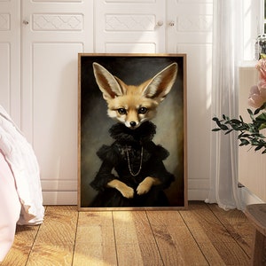 May include: A framed painting of a fennec fox wearing a black dress with a pearl necklace. The fox has large ears and a fluffy tail. The background is a dark brown color.