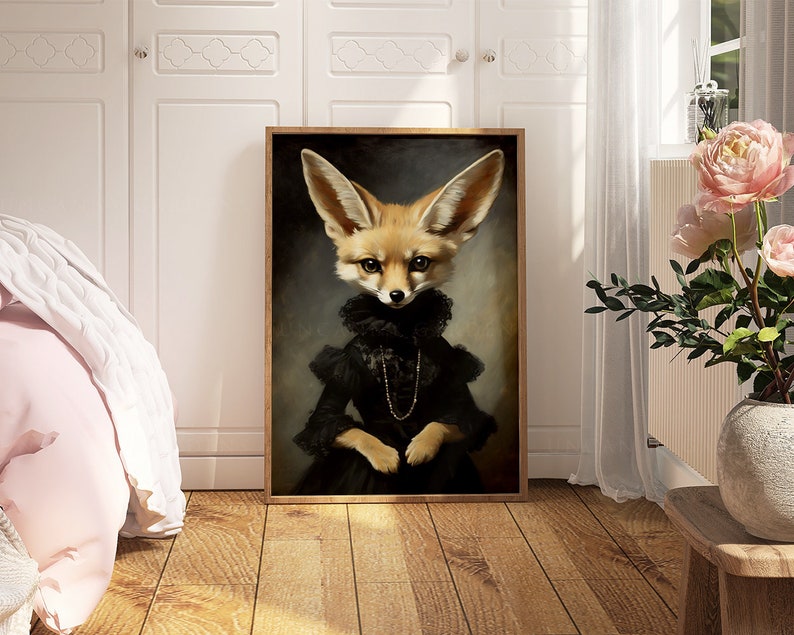 May include: A framed painting of a fennec fox wearing a black dress with a pearl necklace. The fox has large ears and a fluffy tail. The background is a dark brown color.