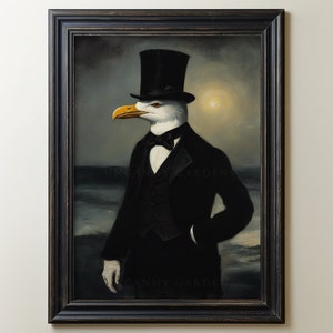 May include: A painting of a seagull wearing a black top hat and a tuxedo, standing against a dark blue background with waves in the distance.