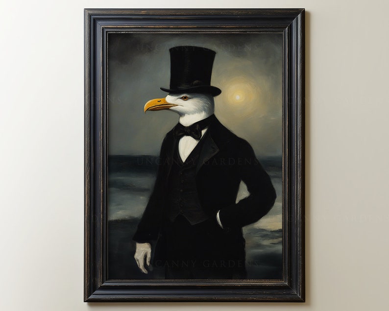 May include: A painting of a seagull wearing a black top hat and a tuxedo, standing against a dark blue background with waves in the distance.
