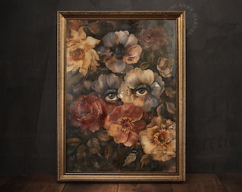 Könnte beinhalten: Gerahmtes Vintage-Gemälde mit einem Blumenarrangement mit versteckten Augen. Das Kunstwerk zeigt Blumen in Gelb-, Rot- und Lilatönen vor einem dunklen Hintergrund. Der Rahmen ist goldfarben.