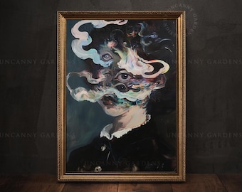Dark Feminine Portrait, Surreal Art Print, Gothic Poster, Dark Academia Wall Art, Trippy Art, Gothic Home Decor, Maximalist Wall Decor 506