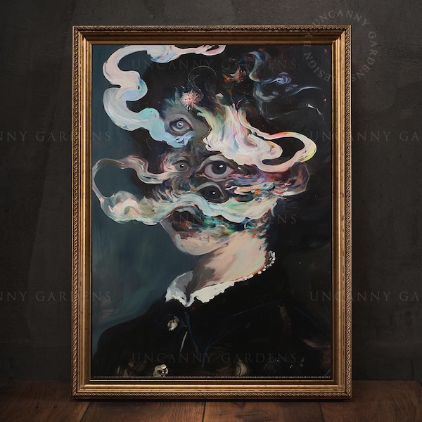 Dark Feminine Portrait, Surreal Art Print, Gothic Poster, Dark Academia Wall Art, Trippy Art, Gothic Home Decor, Maximalist Wall Decor 506