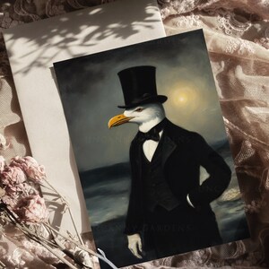 May include: A painting of a seagull wearing a black top hat and a tuxedo, standing on a beach with the ocean in the background.