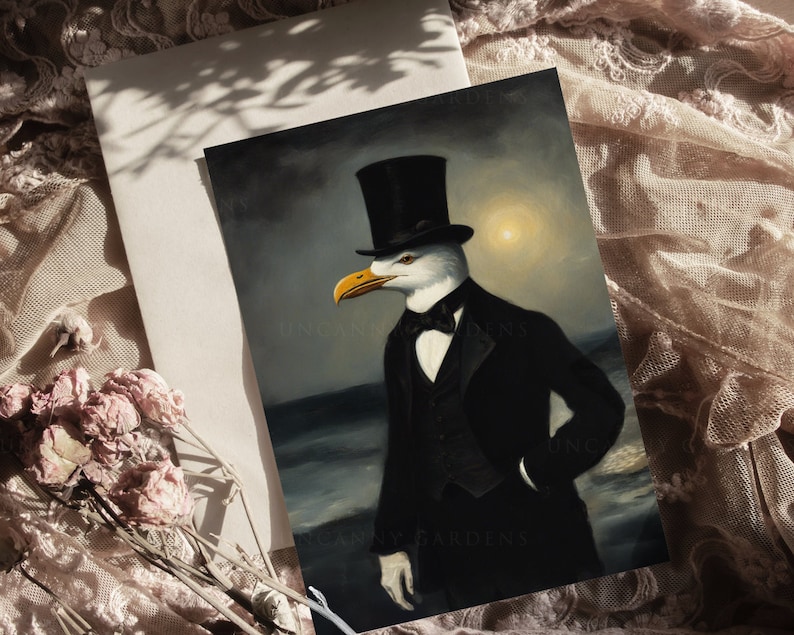 May include: A painting of a seagull wearing a black top hat and a tuxedo, standing on a beach with the ocean in the background.