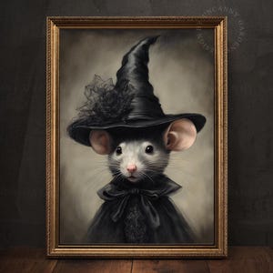 May include: A painting of a gray mouse wearing a black witch's hat and a black dress with a lace collar.