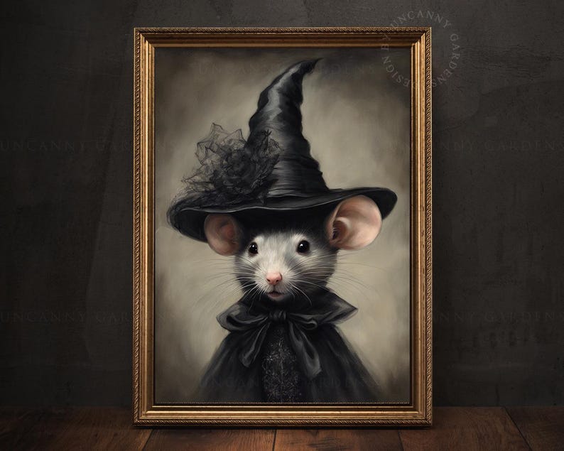 May include: A painting of a gray mouse wearing a black witch's hat and a black dress with a lace collar.