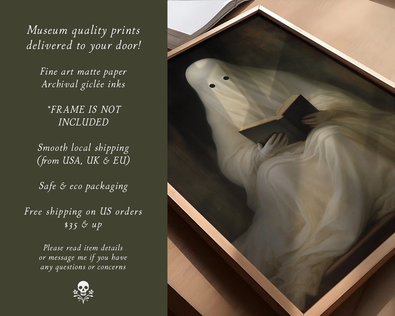 May include: A framed print featuring a ghostly figure reading a book. The figure is draped in white fabric, with a dark background. The frame is a light brown color. The text on the image says "Museum quality prints delivered to your door!"