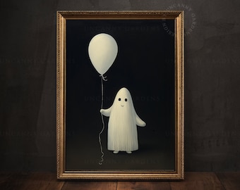 Cute Ghost with Balloon, Black And White Wall Art, Creepy Cute Decor, Dark Academia Aesthetic, Gothic Kids Room, Funny Halloween Decor G4