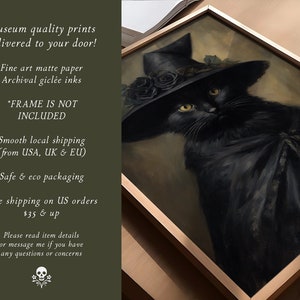 May include: A black cat wearing a witch's hat with black roses and a black cape. The cat is looking directly at the viewer. The image is framed in a light wood frame. The text "FRAME IS NOT INCLUDED" is written on the left side of the image.