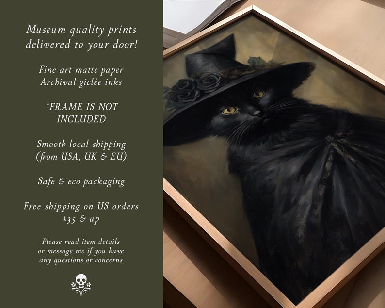 May include: A black cat wearing a witch's hat with black roses and a black cape. The cat is looking directly at the viewer. The image is framed in a light wood frame. The text "FRAME IS NOT INCLUDED" is written on the left side of the image.