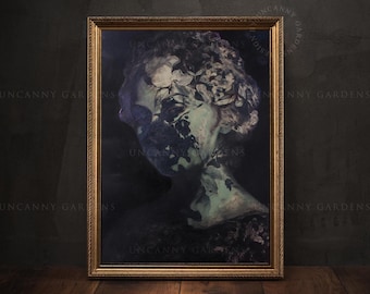 Dark Floral Portrait, Moody Wall Art Print, Gothic Home Decor, Dark Academia, Cottagecore Art, Gothic Woman Home Decor, Maximalist 508