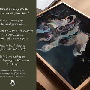 May include: Framed artwork featuring a surreal portrait with multiple eyes and flowing, colorful elements against a dark background. The artwork is in a gold-colored frame. Text on the left side reads "Museum quality prints delivered to your door!" and "FRAMED PRINTS & CANVASES ARE AVAILABLE".