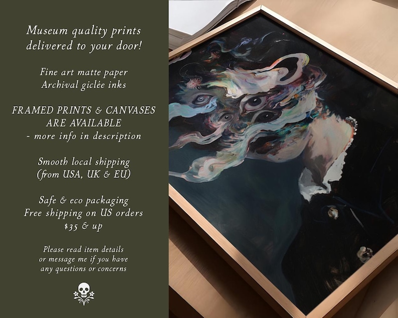 May include: Framed artwork featuring a surreal portrait with multiple eyes and flowing, colorful elements against a dark background. The artwork is in a gold-colored frame. Text on the left side reads "Museum quality prints delivered to your door!" and "FRAMED PRINTS & CANVASES ARE AVAILABLE".