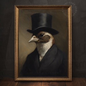 Mr Sparrow Victorian Bird Portrait, Sparrow Lover Gift, Unique Gift for Him, Sparrow Bird Poster, Dark Academia, Cottagecore Decor 119