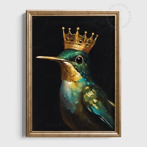 May include: A painting of a hummingbird wearing a gold crown. The hummingbird is green, blue, and yellow. The background is black.