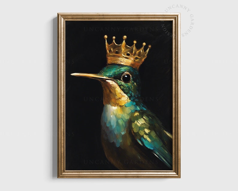 May include: A painting of a hummingbird wearing a gold crown. The hummingbird is green, blue, and yellow. The background is black.