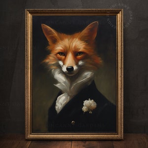 May include: A painting of a fox wearing a black suit with a white collar and a white flower on the lapel. The fox is looking directly at the viewer with a serious expression. The painting is framed in a gold frame.