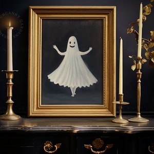 Friendly White Sheet Ghost Girl Art Print, Cute Halloween Decor, Dark Academia Aesthetic, Gothic Kids Room, Funny Kids Halloween Decor G57