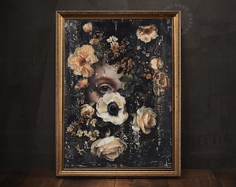 May include: A framed painting of a woman's face partially obscured by a bouquet of white and yellow flowers. The background is a dark, textured surface.