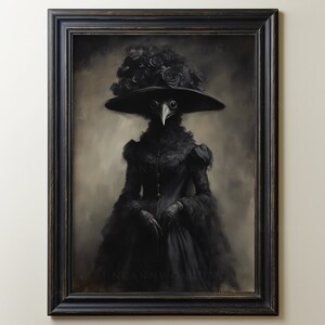 May include: A framed, sepia-toned portrait of a figure in a black plague doctor costume. The figure wears a wide-brimmed hat adorned with roses and a long, dark dress. The artwork has a gothic aesthetic.