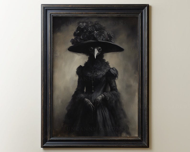 May include: A framed, sepia-toned portrait of a figure in a black plague doctor costume. The figure wears a wide-brimmed hat adorned with roses and a long, dark dress. The artwork has a gothic aesthetic.