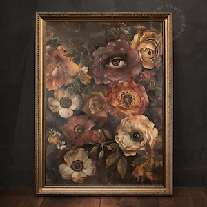 Dark Vintage Floral Eye Wall Art Print, Dark Academia Prints, Spooky Decor, Moody Floral Print, Gothic Home Decor, Witchy Goth Decor M18