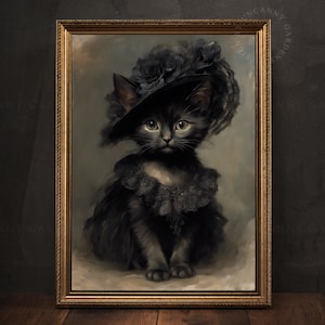 Black Victorian Kitten Portrait, Black Cat Art Print, Cute Kitten Painting, Gothic Prints, Dark Academia Art, Witchy Goth Girl Gift AD110
