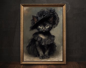 Black Victorian Kitten Portrait, Black Cat Art Print, Cute Kitten Painting, Gothic Prints, Dark Academia Art, Witchy Goth Girl Gift AD110