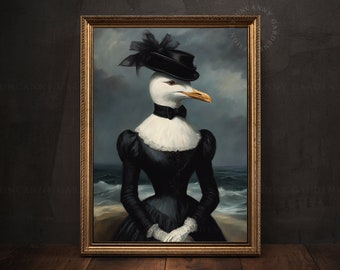 May include: A painting of a seagull wearing a black dress and a black hat with a veil. The seagull is standing on a beach with the ocean in the background.