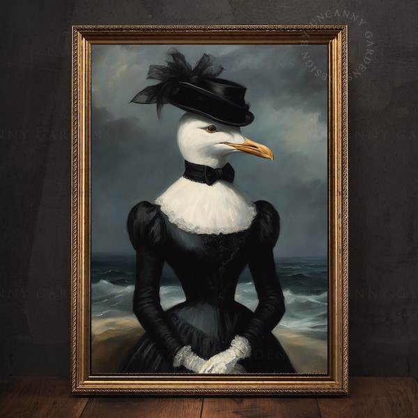 Lady Seagull, Victorian Portrait Art Print, Whimsigoth Animal Decor, Seabird Coastal Nursery Decor, Aristocrat Bird,  Surreal Art Print AD75