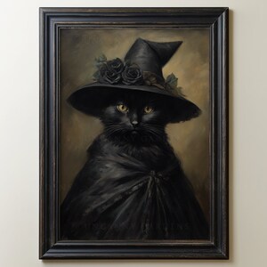 May include: A black cat wearing a black witch's hat with black roses and a black cape. The cat has yellow eyes and is looking directly at the viewer. The painting is framed in a black frame.