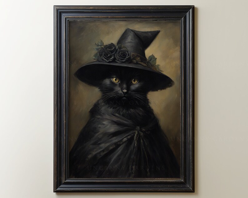 May include: A black cat wearing a black witch's hat with black roses and a black cape. The cat has yellow eyes and is looking directly at the viewer. The painting is framed in a black frame.