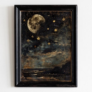 May include: A framed painting of a full moon and stars against a dark blue and gray sky. The moon is a pale yellow and the stars are gold.