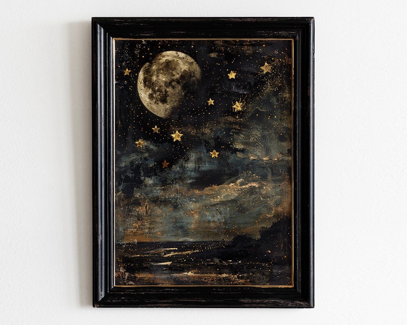May include: A framed painting of a full moon and stars against a dark blue and gray sky. The moon is a pale yellow and the stars are gold.