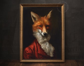 Viktorianischer Fuchs Wand Kunstdruck, Rotfuchs Portrait, Dunkler Cottagecore Druck, Vintage wunderliche Tiermalerei, Dunkellaunisches Tierliebhaber Geschenk AD86